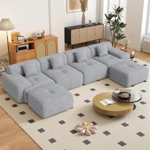 Vista 18 de Sofá modular convertible en forma de L de 122", sofá seccional tipo nube con otomán, sofás de chenilla sin estructura de 4 plazas para sala de Beige