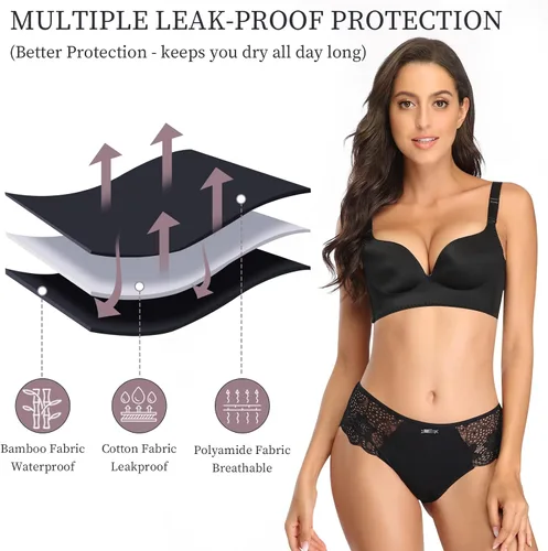 Vista 3 de Intiflower Ropa interior para mujer, a prueba de fugas, ropa interior menstrual de encaje, transpirable y suave