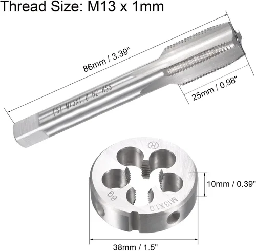 Vista 2 de uxcell M13 x 0.039 in Juego de llaves métricas y troqueles, rosca de máquina con troquel de roscado redondo, kit de grifo y troquelado
