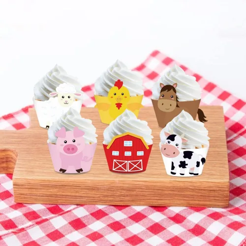 Vista 3 de 24 envoltorios de cupcakes de animales de granja para ducha, suministros de fiesta de cumpleaños, decoraciones de fiesta de boda