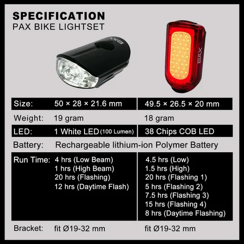 Vista 2 de PAX Juego de luces recargables para bicicleta de seguridad, luz delantera y trasera para bicicleta, estándar impermeable IPX4, modo de luz múltiple
