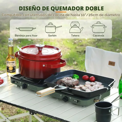 Vista 4 de Estufa de camping de propano de 2 quemadores, estufa de gas plegable portátil para acampar con 17200 BTU, dos quemadores ajustables con mango