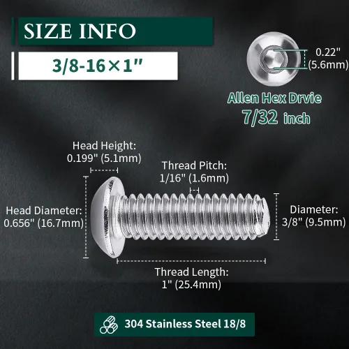 Vista 3 de Tornillos de cabeza de enchufe de 3/8-16 x 1 botón, acero inoxidable 304 18-8, rosca completa, rosca gruesa UNC, accionamiento hexagonal Allen, 5