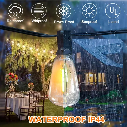 Vista 4 de Couah ST38 - Tira de luces LED para exteriores, 60 pies con 32 bombillas Edison para exteriores, resistentes a la intemperie, luces colgantes
