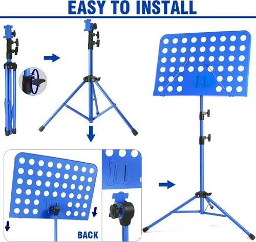 Vista 5 de lotmusic Soporte de música azul, soporte portátil para partituras, soporte de música plegable y ajustable en altura con bolsa, clip de partitura