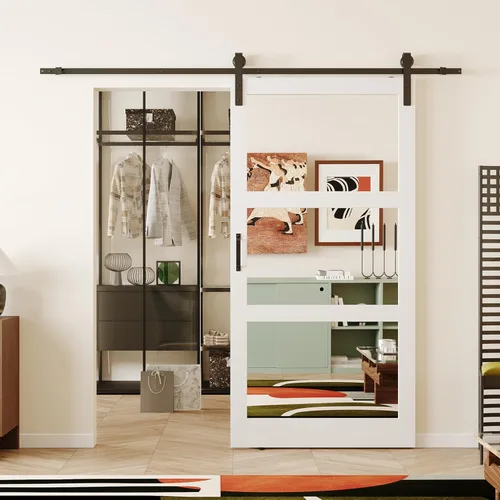 Vista 12 de Puerta corrediza de granero con espejo de 3 paneles de 36 x 84 pulgadas, kit de herramientas incluido, requiere montaje, superficie de PVC a prueba