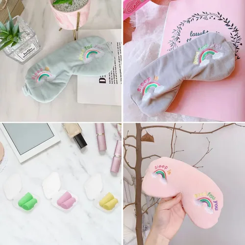 Vista 4 de 3 piezas de antifaz para dormir, suave y cómoda, máscara de dormir con estampado de arco iris, cubierta de ojos de felpa con tapones de espuma