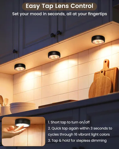 Vista 2 de Luces LED de disco con control remoto, luces inalámbricas de armario que funcionan con pilas, luces debajo del gabinete, luces de empuje, luces que