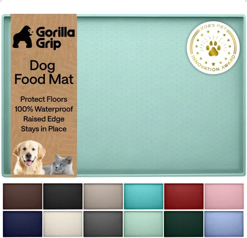 Vista 16 de GORILLA GRIP Alfombrilla para mascotas 100% impermeable con bordes elevados de silicona sin BPA, alfombrillas para comida de gatos y perros que Menta