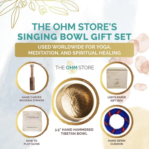 Vista 2 de Juego de regalo de cuenco cantante tibetano hecho a mano – Cuenco de sonido de 3.5 pulgadas para meditación, curación de sonido y yoga – Regalo