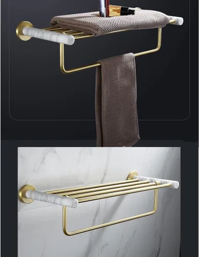 Vista 4 de Toallero para baño, espacio de luz nórdico, de aluminio, dorado, cepillado, toallero, toallero, barra de toalla de mármol natural, color y toallero