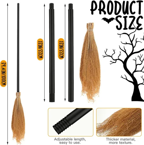 Vista 2 de Jetec Juego de sombrero de escoba de bruja de Halloween, sombrero negro con escoba de 39.4 pulgadas, bruja maga realista para fiesta de Halloween