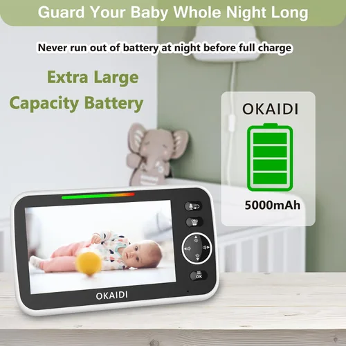 Vista 5 de OKAIDI Monitor de bebé HD de 5 pulgadas con cámara y audio, pantalla de 720P, batería de 5000 mAh, panorámica e inclinación remota, zoom 3X, visión