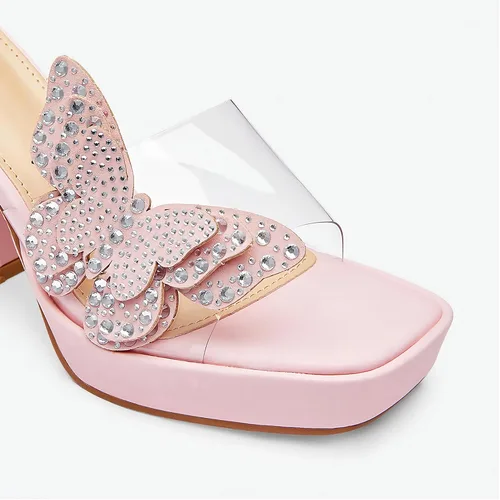 Vista 5 de NEWBELLA Sandalias de tacón alto de mariposa con diamantes de imitación, tacones gruesos con punta cuadrada abierta, pantuflas de verano sin