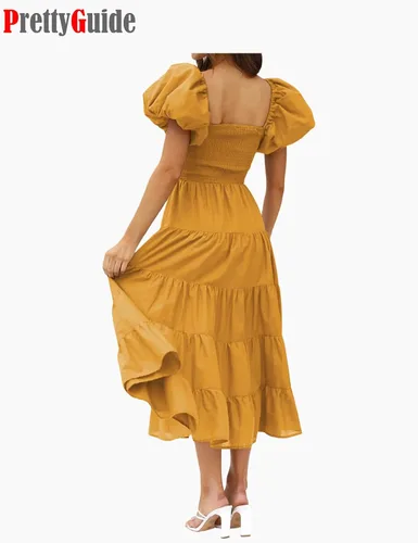Vista 5 de PrettyGuide Vestido midi de verano para mujer, con hombros descubiertos, manga corta, abombada, cintura alta, casual, fruncido, con volantes