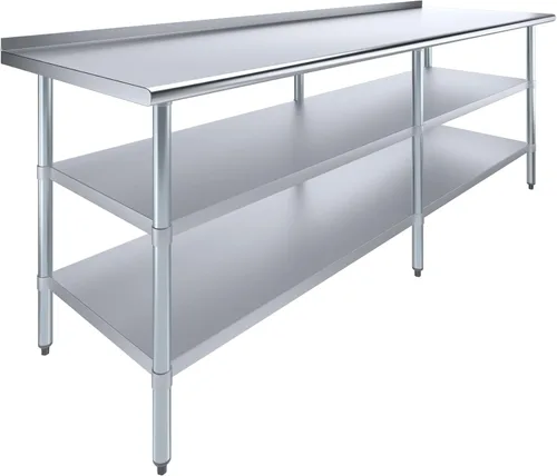 Vista 15 de AmGood Mesa de trabajo de acero inoxidable con protector contra salpicaduras de 1.5 pulgadas y 2 estantes Mesa de cocina de metal para preparación