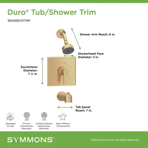 Vista 2 de Symmons 3602BBZ15TRM Duro molduras para bañera/ducha con mango de palanca, bronce cepillado