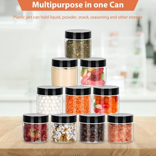 Vista 6 de Betrome - 50 tarros redondos de plástico transparente de 2 onzas con tapas negras 60ml Leak-Proof Wide-Mouth Cosmetic Storage Containers for