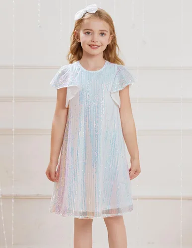 Vista 8 de GRACE KARIN Vestido de lentejuelas para niñas, manga corta, con vuelo, silueta acampanada, vestido midi con lazo para el pelo, 5-12 años