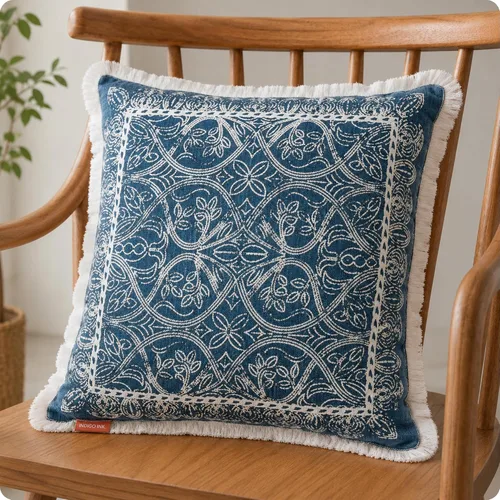 Vista 17 de Indigo Ink - Almohadas decorativas para sofá o cama, decoración bohemia del hogar, almohada redonda de algodón de 20 x 20 pulgadas con borlas