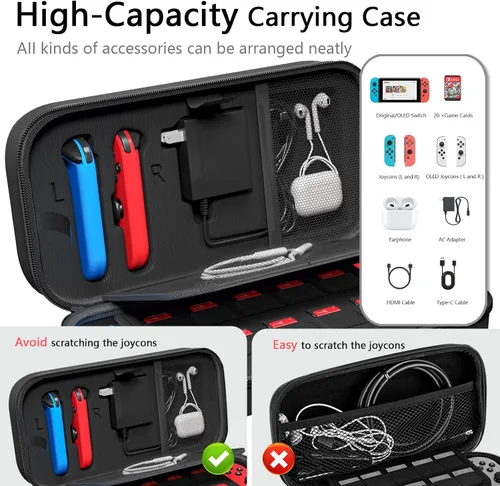 Vista 2 de Switch - Funda de transporte compatible con Nintendo SwitchOLED, compatible con Joy-Con y adaptador de CA, bolsa rígida portátil de transporte