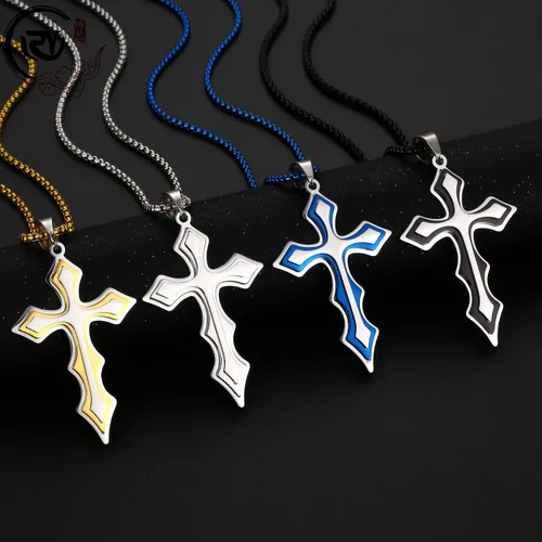 Vista 4 de FULULAY Collar con colgante de cruz de Jesucristo grande de acero inoxidable para hombre con cadena bizantina de 22, 24, 26 pulgadas