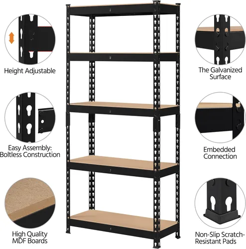 Vista 4 de Topeakmart Estantes utilitarios de 5 niveles, estantes de almacenamiento de metal, estanterías ajustables, montaje sin tornillos, estantes de Negro