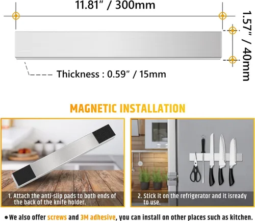 Vista 3 de Soporte magnético para cuchillos de doble cara de 12 pulgadas, tira de cuchillos de acero inoxidable con potente fuerza de tracción magnética, uso