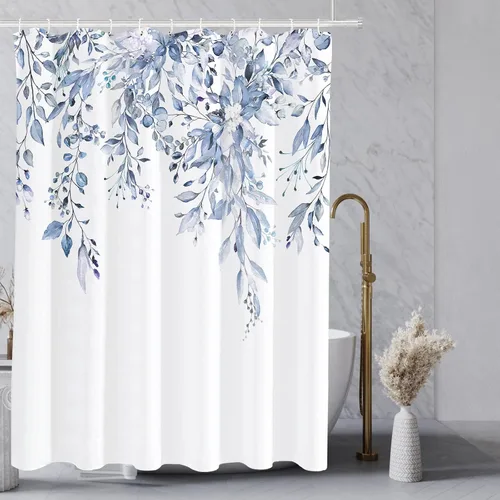 Vista 118 de Tititex - Juego de cortinas de ducha de eucalipto negro, hojas de acuarela gris en la parte superior, con decoración floral de baño, 60 x 72