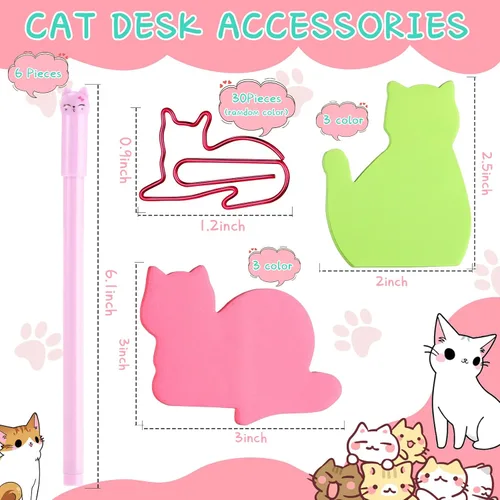Vista 2 de Nezyo Paquete de 42 artículos de papelería para gatos, suministros de oficina, 6 colores lindos gatos, notas adhesivas, 30 clips de papel