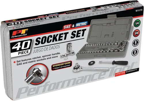 Vista 9 de Performance Tool - Juego de 40 dados (SAE y sistema métrico), encastre de 0.25 y 0.375 pulgadas, W1173