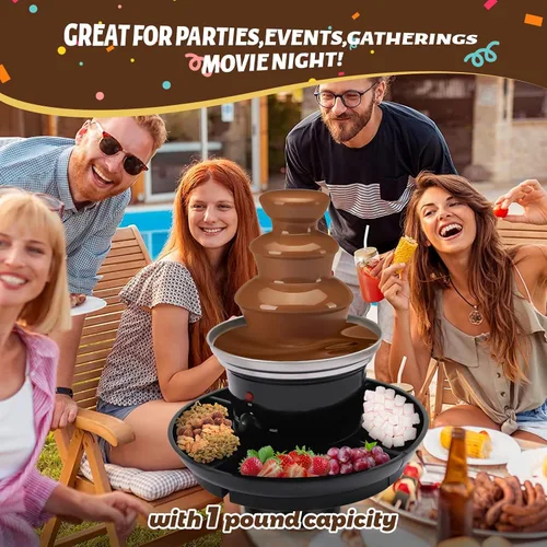 Vista 4 de Fuente de chocolate de 3 niveles de 120 V, 40 W, acero inoxidable negro, capacidad de 1 libra, con bandeja de alimentos y 6 tenedores para fiestas