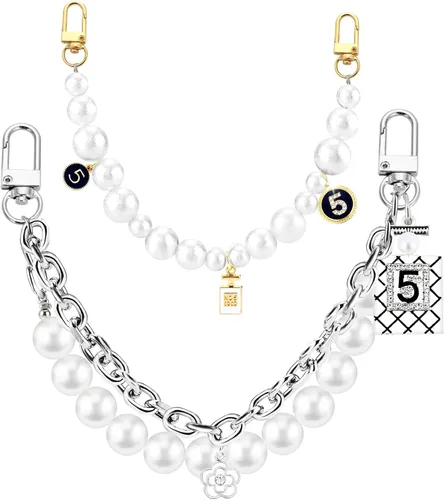 Vista 8 de 2 piezas de cadenas extensoras para bolsos de metal negro con perlas, dobles extensores de correa para bolsos, para bolsos de mano y bandolera