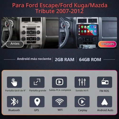 Vista 2 de 【HiFi 2G+64G】 Radio de coche para Ford Escape/Kuga/Mazda Tribute 2007-2012 Estéreo con CarPlay inalámbrico, Android Auto, pantalla táctil HD IPS