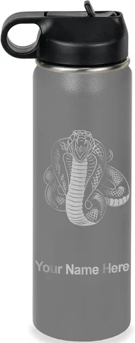 Vista 20 de LaserGram Botella de agua personalizada, serpiente de cobra, acero inoxidable de doble pared aislada al vacío con popote superior, regalo grabado
