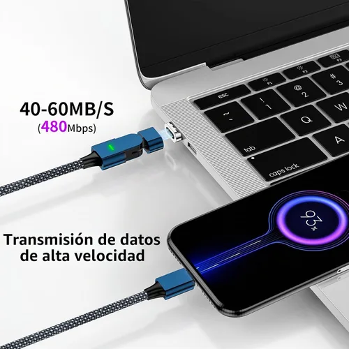 Vista 4 de Cable de carga magnético USB C de 100 W, rotación de 180°, cable de carga magnético 2 en 1 para teléfono [2 unidades, 4/6.6 pies], transferencia
