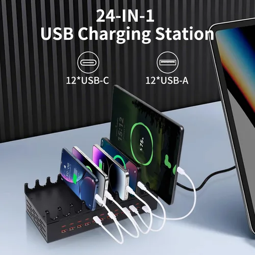 Vista 2 de Estación de Carga de 300W para Múltiples Dispositivos - Estación de Carga Rápida USB de 24 Puertos con Entrega de Energía Inteligente - Estación