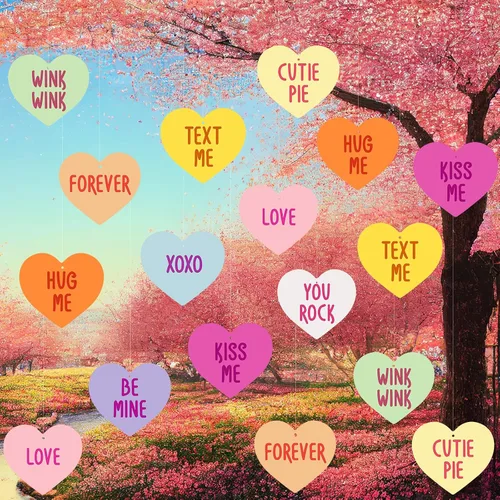 Vista 7 de Roowest 30 piezas de adornos colgantes de corazón de San Valentín para exteriores, corazón de caramelo de doble cara, conversación romántica, dulces
