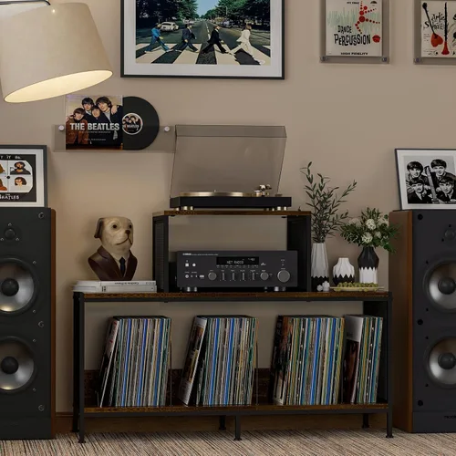 Vista 5 de Sonyabecca Espaciosa mesa de tocadiscos vintage – Capacidad para 150 – 250 álbumes de vinilo, divisores ajustables, áreas de visualización lateral