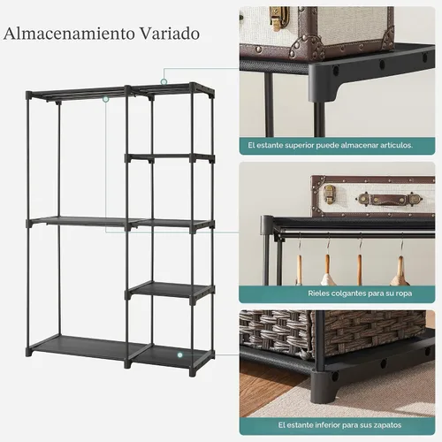 Vista 7 de SONGMICS Armario portátil, organizador de armario independiente, perchero con estantes, barras para colgar, organizador de almacenamiento