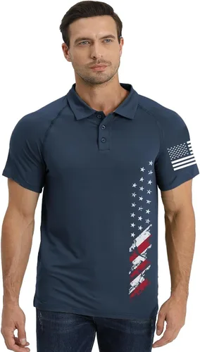 Vista 2 de H HYFOL Polo de manga corta para hombre, diseño gráfico elástico, casual, patriótico, raglán, golf, polos para hombres