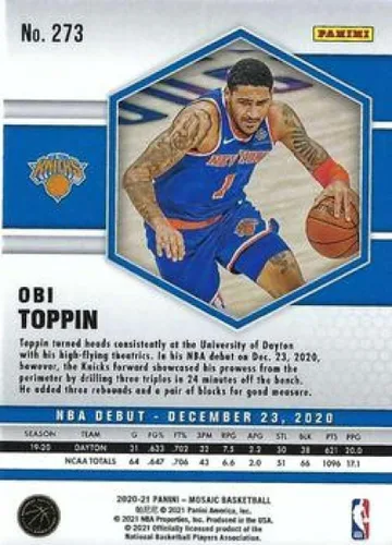 Vista 2 de Panini Mosaic #273 Obi Toppin RC Rookie Card New York Knicks - Tarjeta de baloncesto oficial de la NBA 2020-21 en estado crudo (NM o mejor)
