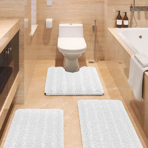 Vista 100 de ACCUMTEK - Juego de alfombras de baño a rayas beige de 3 piezas, ultrasuaves, antideslizantes de chenilla, alfombras de baño mullidas y absorbentes