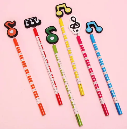 Vista 2 de 12 lápices temáticos de música, lápices de notas musicales, lápices de madera para niños, lápices de rayas de colores, lápices de rayas