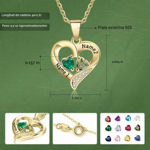 Vista 3 de Love Jewelry - Collar de Plata de Ley Personalizado con 2 Nombres y 2 Corazones de Piedra de Nacimiento Simulada para Pareja, Colgante para Mujer
