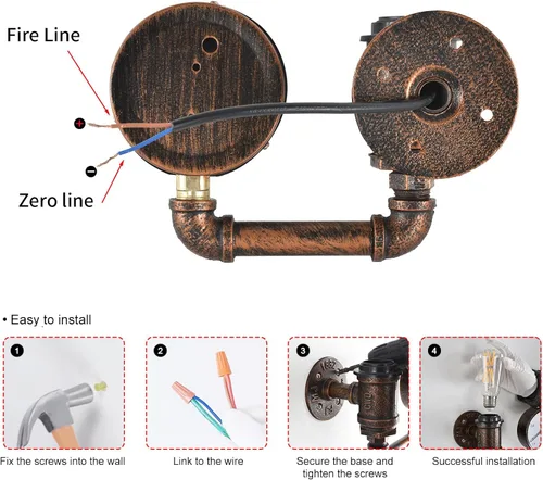 Vista 3 de XEYOU Aplique de pared Steampunk de hierro fundido vintage industrial E26 Edison bombilla lámpara de pared de tubo retro para cafetería, bar