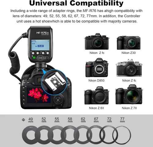Vista 6 de GODOX MF-R76N TTL Macro Ring Flash para Nikon TTL/M Modo 5900K 76Ws 2.4G Control inalámbrico 550 Flash de potencia completa 0.1-1s Tiempo