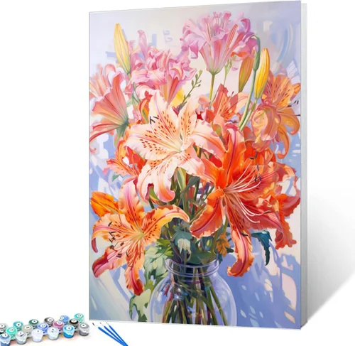 Vista 22 de Tucocoo Pintura por números con flores de lirio azul en una jarra de vidrio DIY en lienzo con pinceles, pinturas acrílicas, pintura de grafiti por