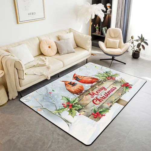Vista 12 de Erosebridal Alfombra de área de Feliz Navidad para niños, cardenales rojos, alfombra de sala de estar, 3 x 5 mas, alfombra decorativa de cabaña