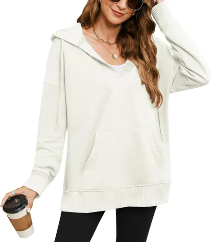 Vista 2 de Sudaderas de gran tamaño con capucha para mujer, cuello en V, sin botones, a la moda, con bolsillo tipo canguro